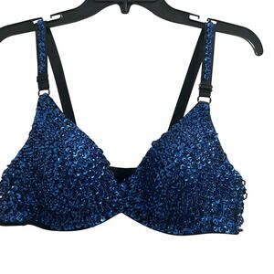 Sequin Bralette Top, Sparkly Festival Rave‎ Party Bra, Blue, Adjustable